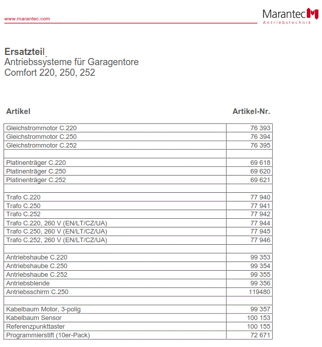 Marantec Ersatzteile für Comfort 220, 250, 252